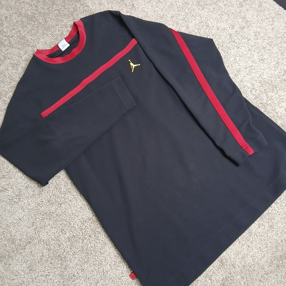Jordan Brand Mens XL Long Sleeve Shirt Black Red Stripe Jumpman Gold Logo Stains